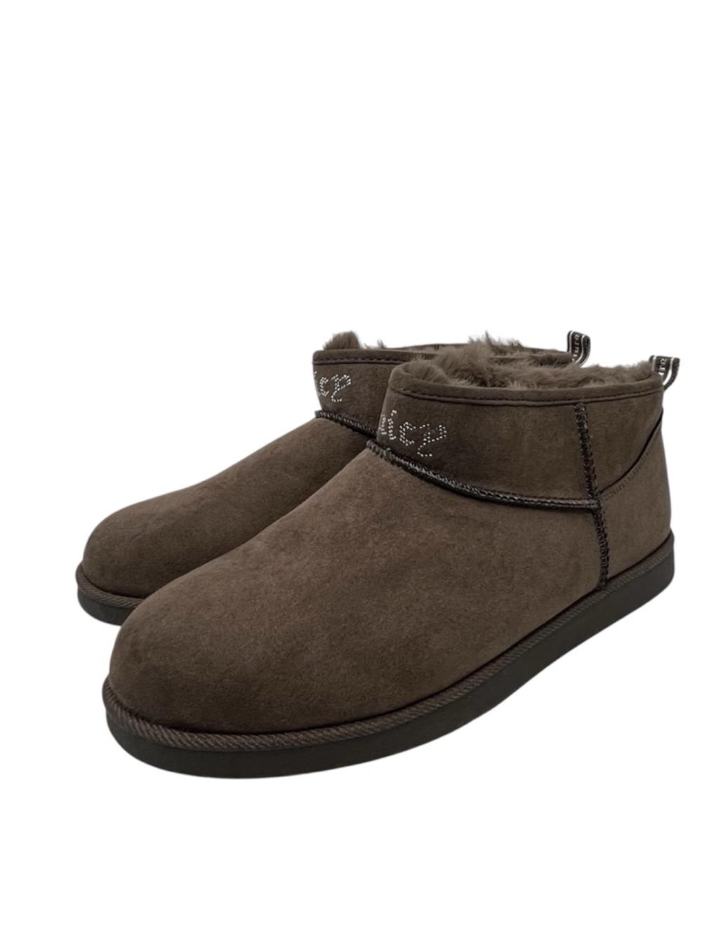 Juicy Couture Slip On Ankle Boots Brown Suede Fur Lined Rhinestone Y2K Sz 9 READ